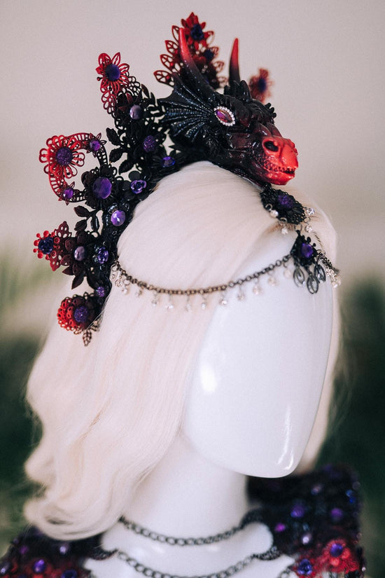 Dragon Queen Crown, Black Red Gothic Crown, Fantasy Horn Crown, Gothic Headpiece, Cosplay Crown, Mythical Goddess Crown