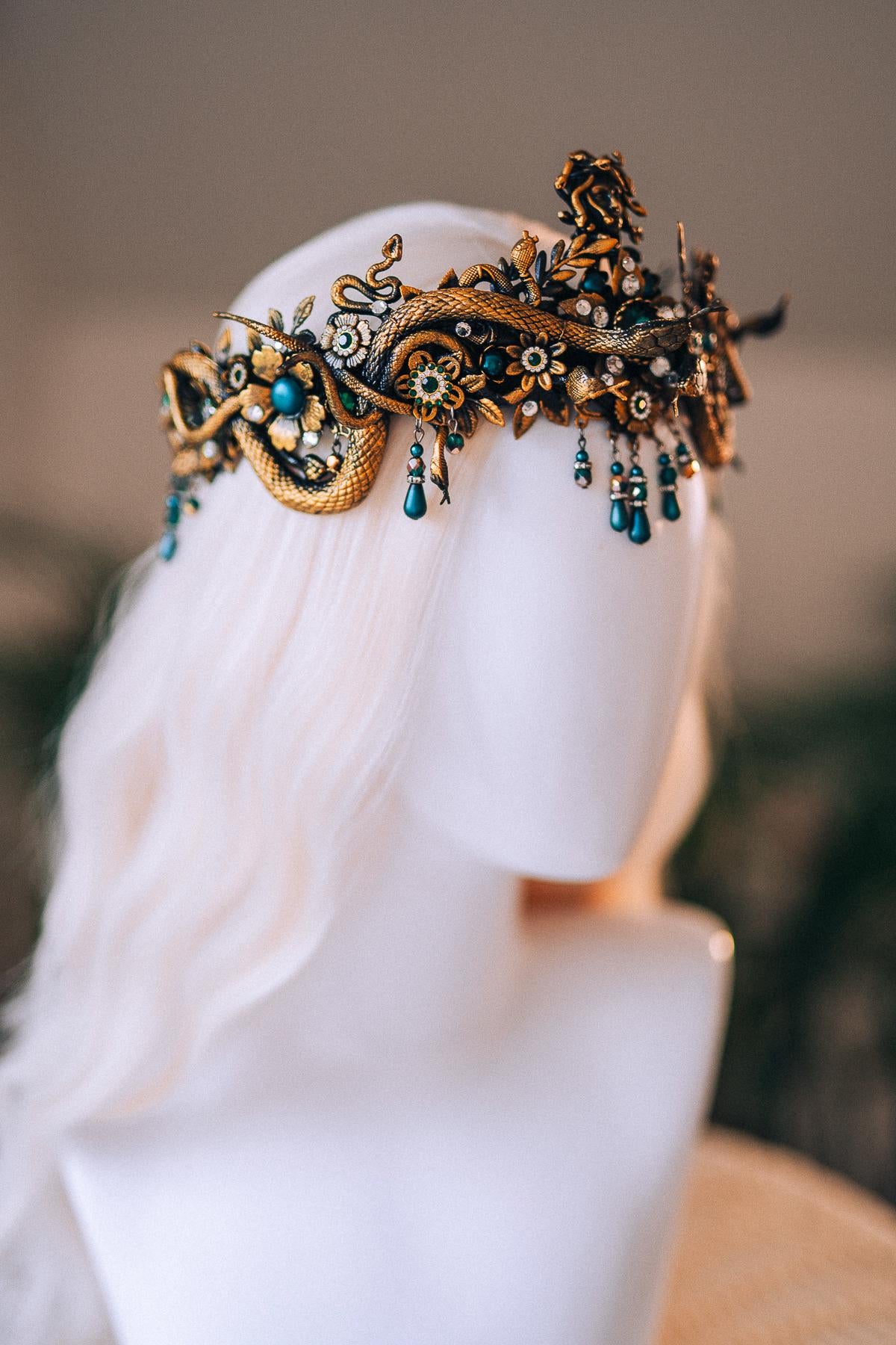 Medusa Gold Snake Crown Green Crystal Goddess Headpiece Mythical Costume Halo