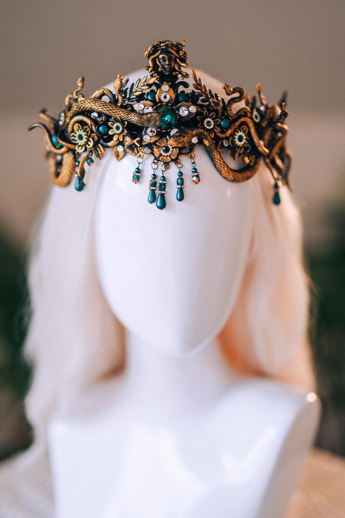 Medusa Gold Snake Crown Green Crystal Goddess Headpiece Mythical Costume Halo