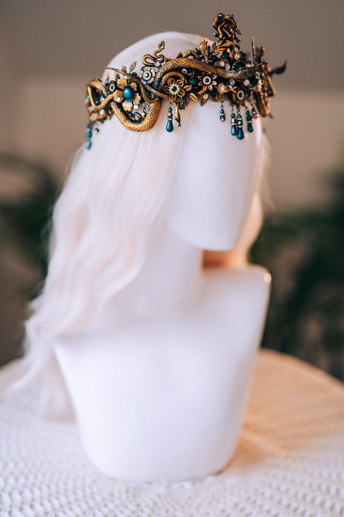 Medusa Gold Snake Crown Green Crystal Goddess Headpiece Mythical Costume Halo