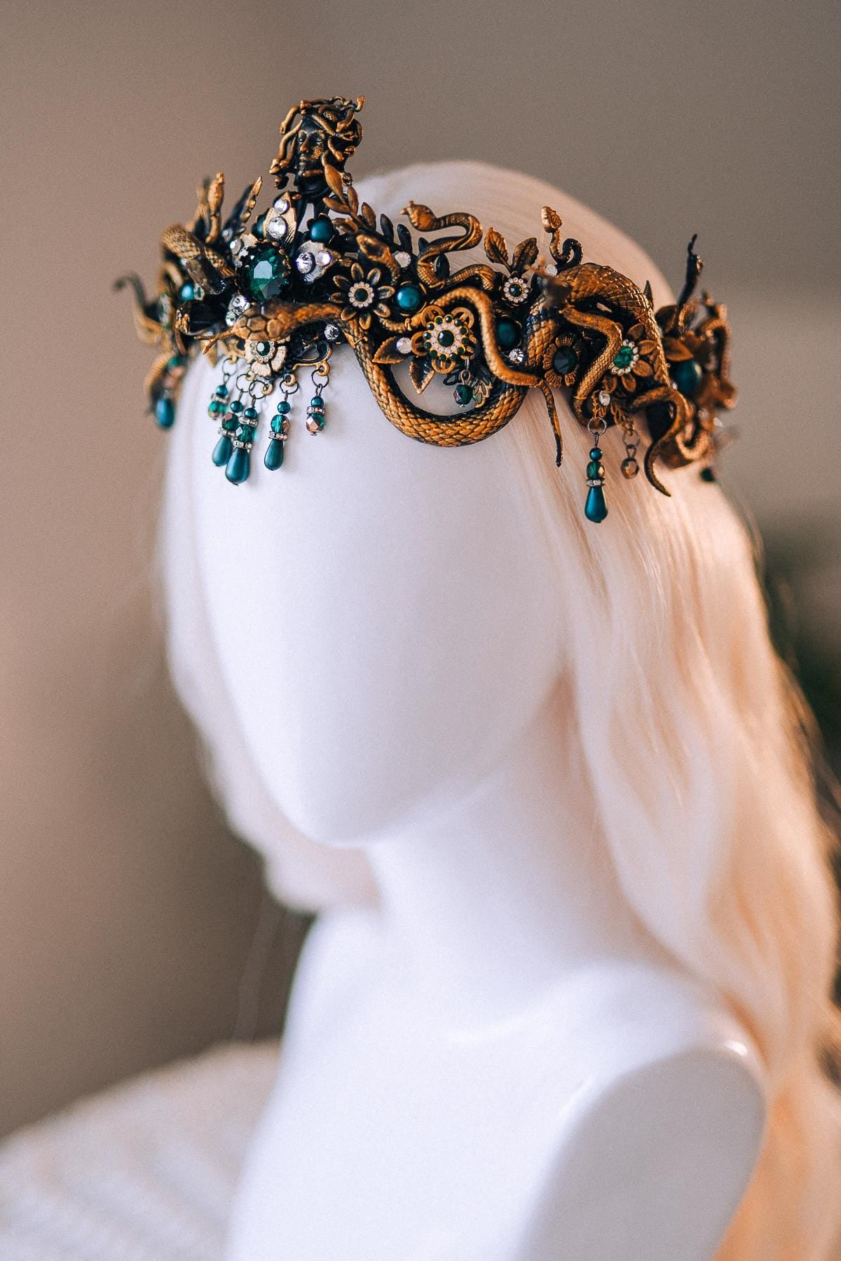 Medusa Gold Snake Crown Green Crystal Goddess Headpiece Mythical Costume Halo