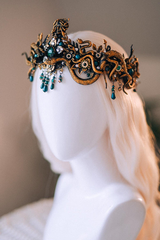 Medusa Gold Snake Crown Green Crystal Goddess Headpiece Mythical Costume Halo