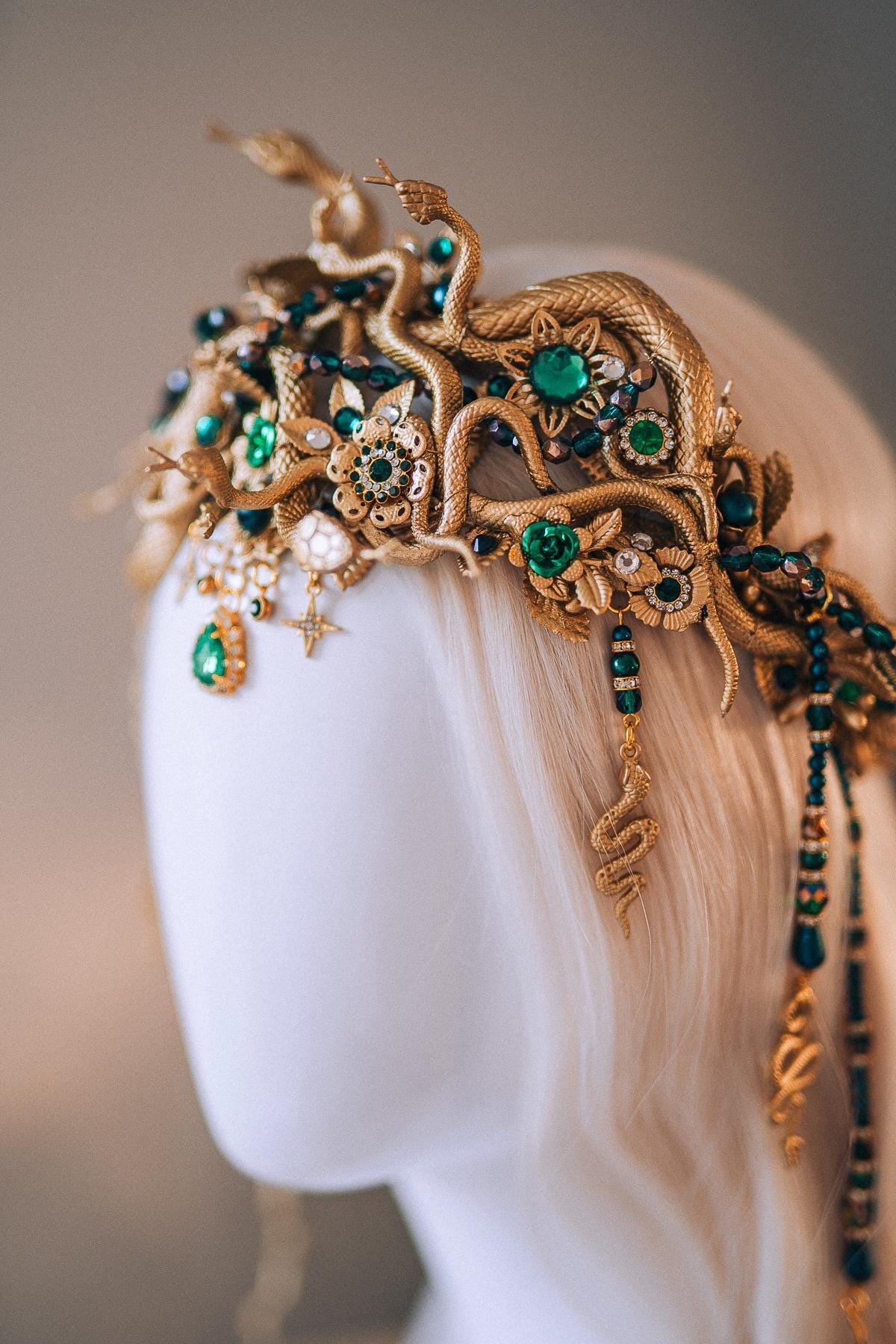 Medusa Snake Crown Gold Green Crystal Headpiece Halloween Goddess Halo Mythical Serpent Costume Tiara