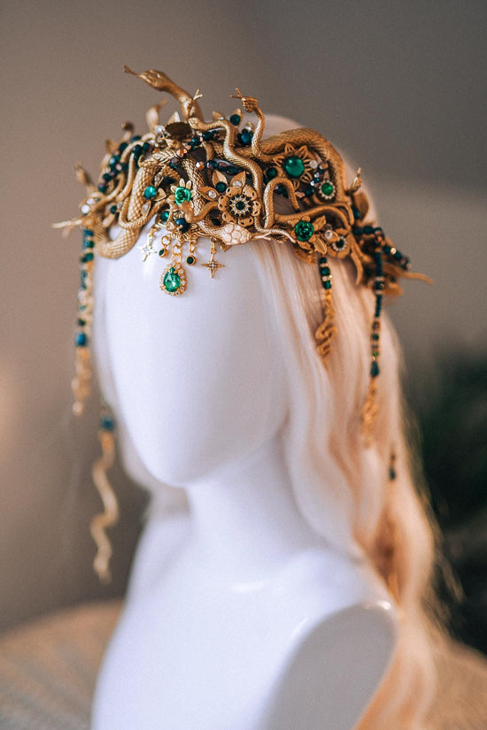 Medusa Snake Crown Gold Green Crystal Headpiece Halloween Goddess Halo Mythical Serpent Costume Tiara