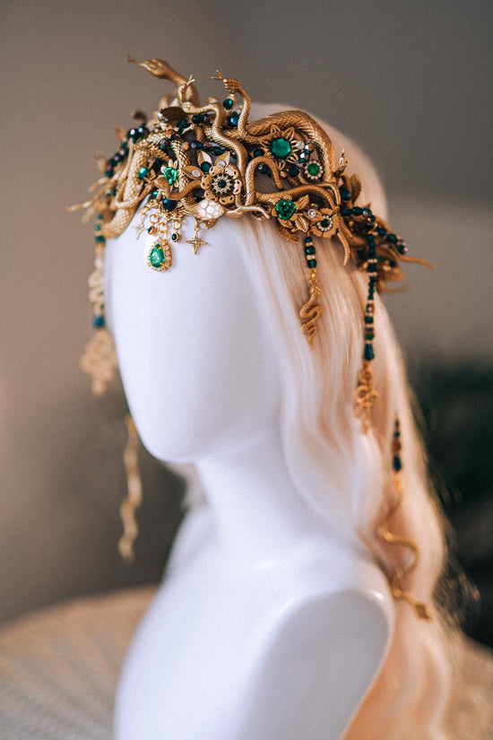 Medusa Snake Crown Gold Green Crystal Headpiece Halloween Goddess Halo Mythical Serpent Costume Tiara