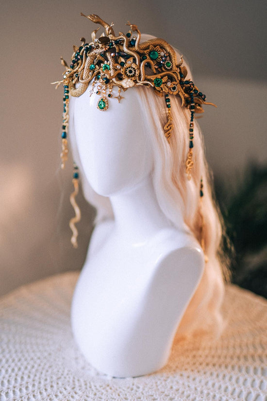 Medusa Snake Crown Gold Green Crystal Headpiece Halloween Goddess Halo Mythical Serpent Costume Tiara