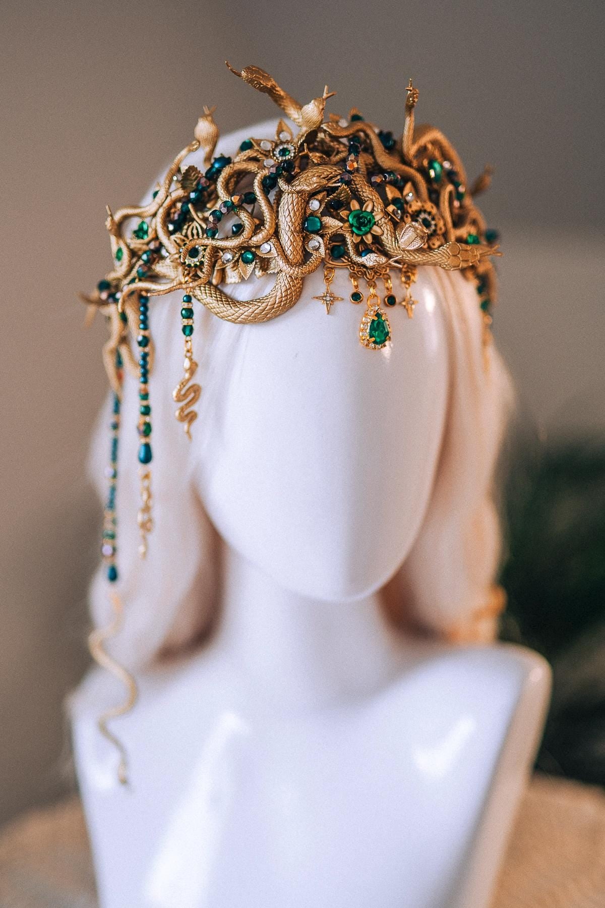 Medusa Snake Crown Gold Green Crystal Headpiece Halloween Goddess Halo Mythical Serpent Costume Tiara