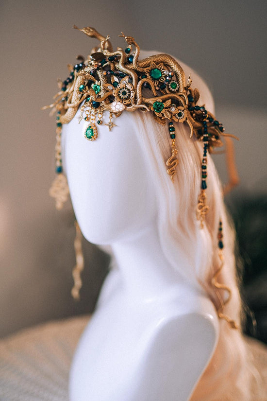 Medusa Snake Crown Gold Green Crystal Headpiece Halloween Goddess Halo Mythical Serpent Costume Tiara