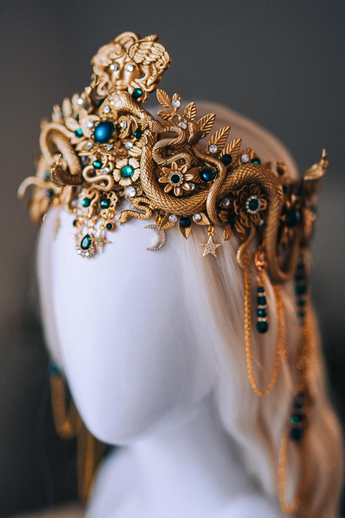 Medusa Serpent Goddess Crown Gold Emerald Snake Headdress Fantasy Mythology Headpiece