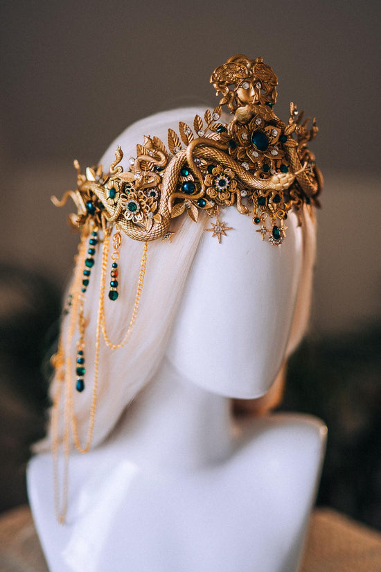 Medusa Serpent Goddess Crown Gold Emerald Snake Headdress Fantasy Mythology Headpiece