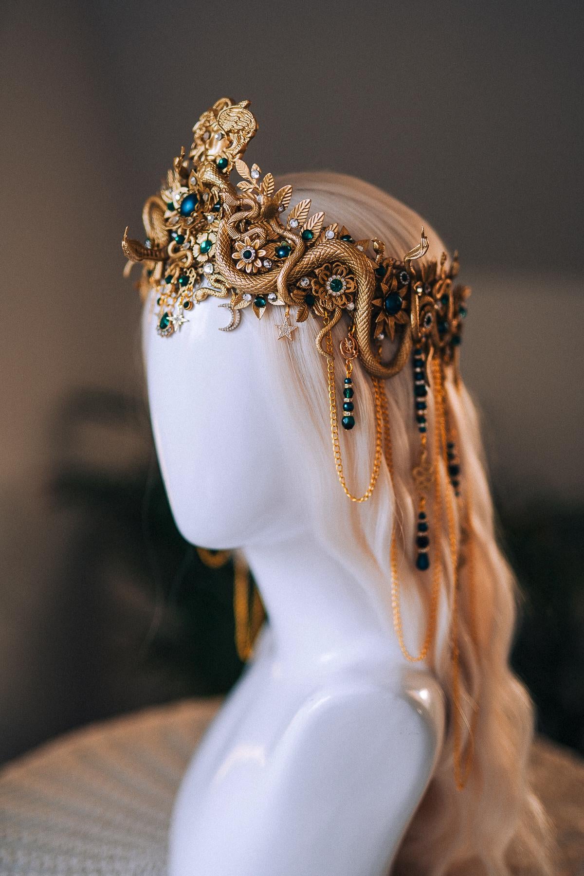 Medusa Serpent Goddess Crown Gold Emerald Snake Headdress Fantasy Mythology Headpiece