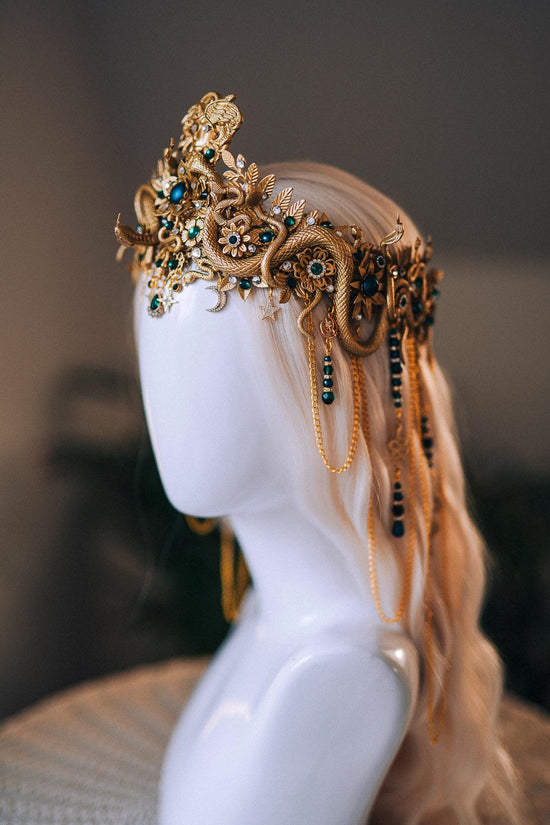 Medusa Serpent Goddess Crown Gold Emerald Snake Headdress Fantasy Mythology Headpiece