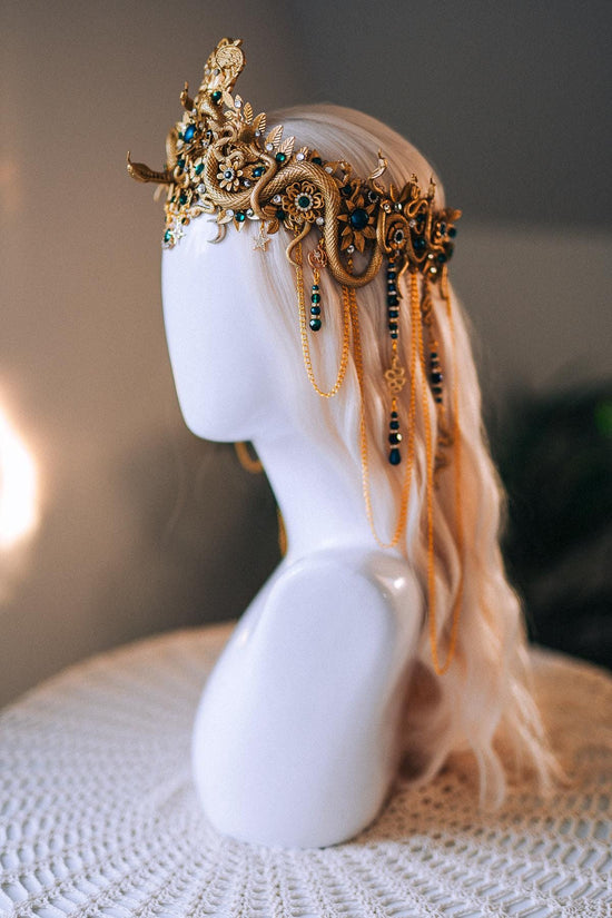 Medusa Serpent Goddess Crown Gold Emerald Snake Headdress Fantasy Mythology Headpiece