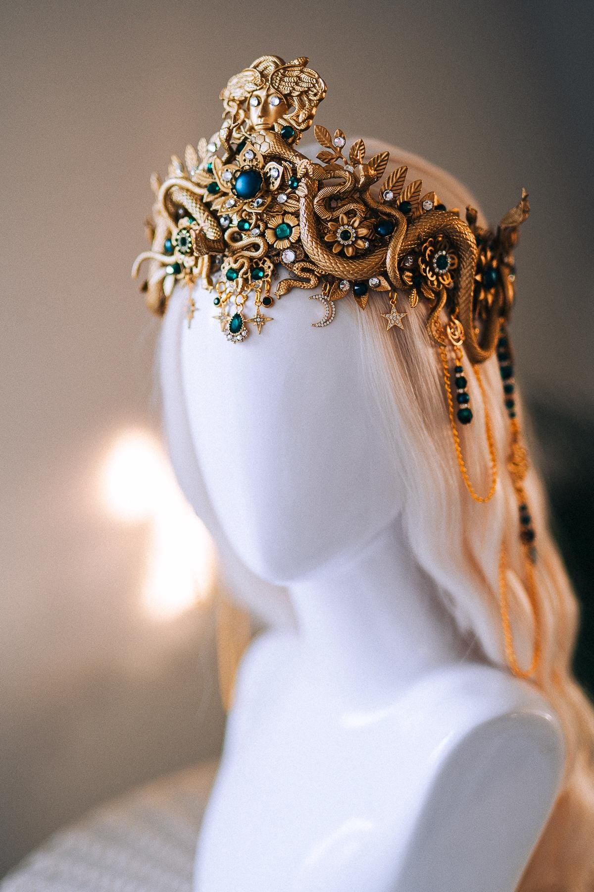 Medusa Serpent Goddess Crown Gold Emerald Snake Headdress Fantasy Mythology Headpiece