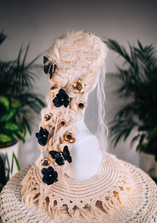 Black flower hair pins with butterflies