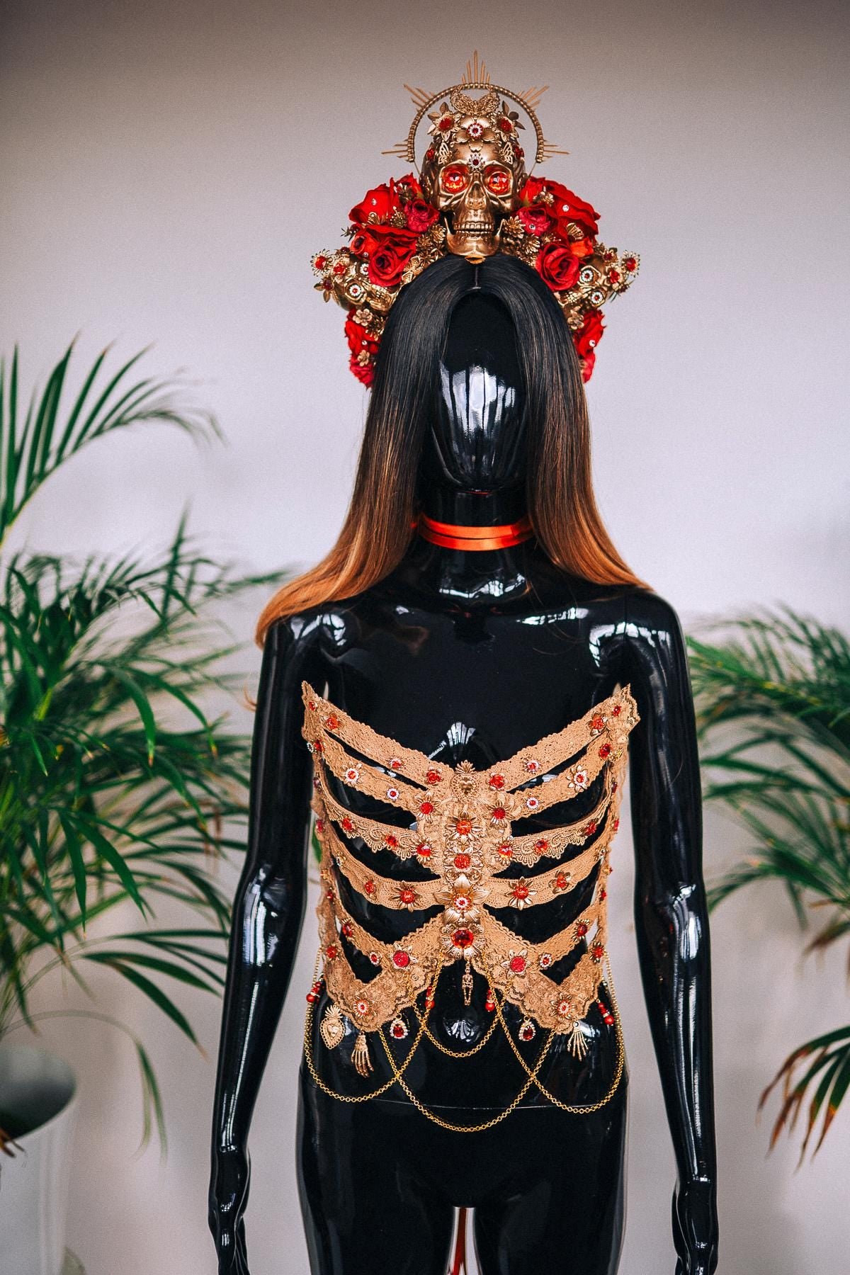 Golden Skeleton Ribs, La Catrina Costume, Gold Body Armor, Festival Corset, Skeleton Top, Purple Rhinestones, Dia De Muertos, Sugar Skull