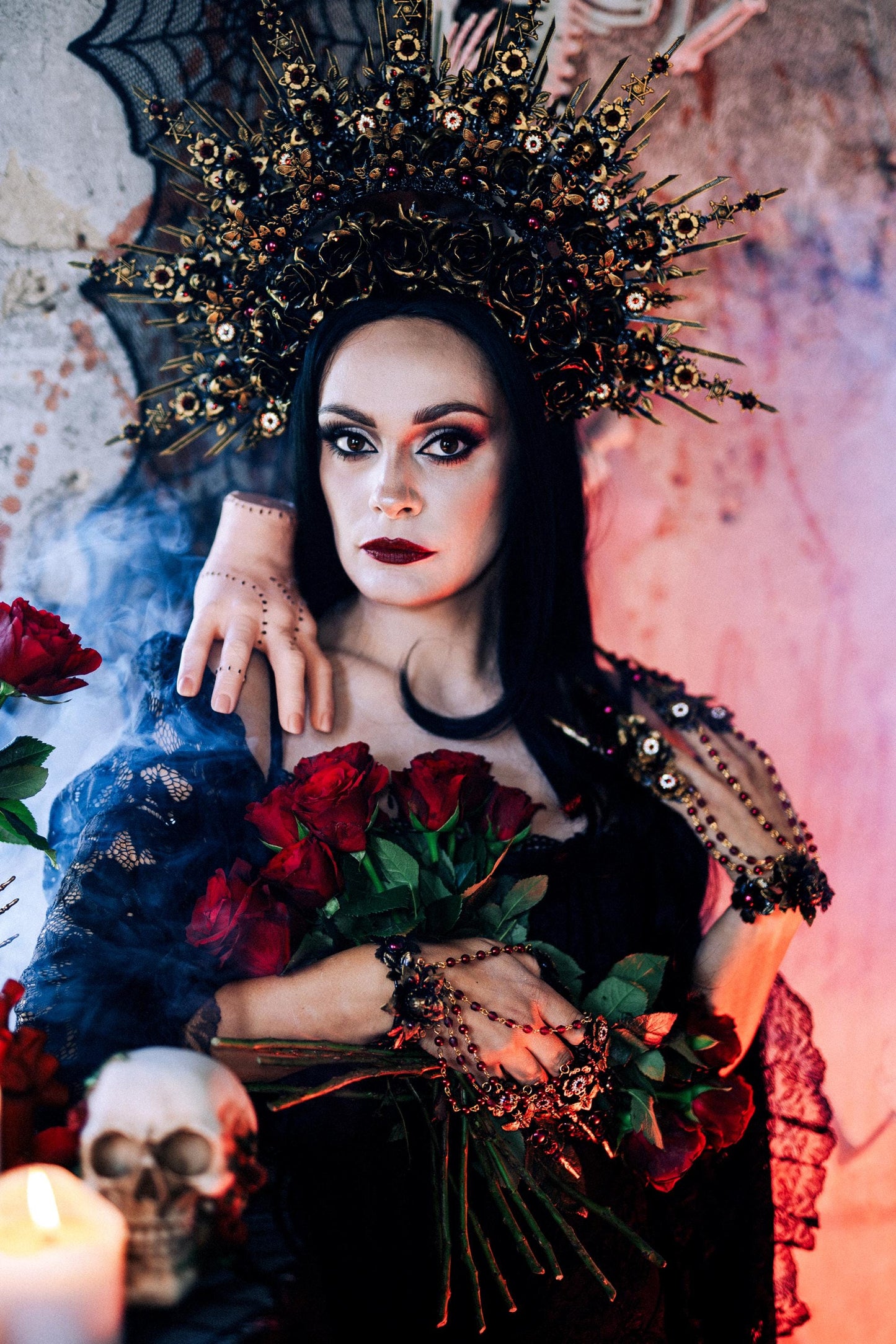 Gothic Morticia Addams Crown Black Red Gold Dark Queen Headpiece Halloween Costume