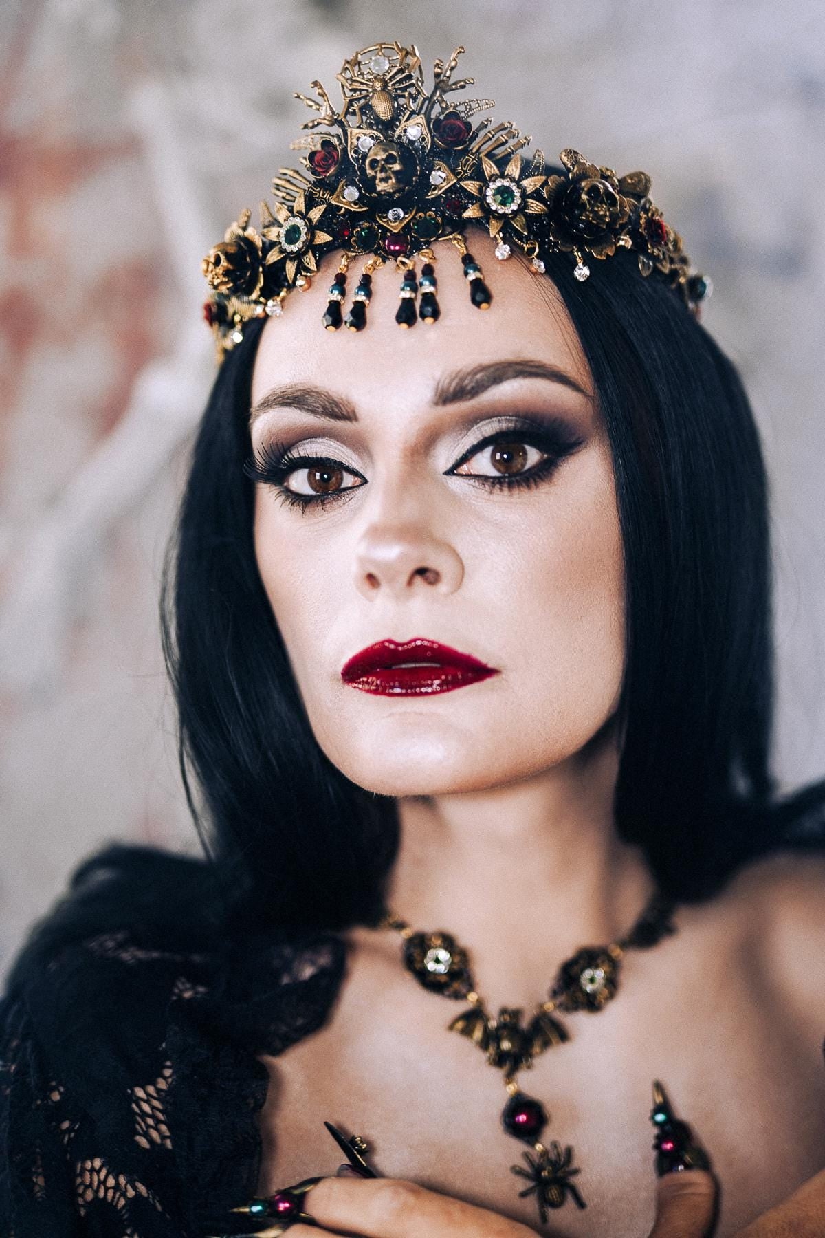 Gothic Morticia Addams Choker Black Red Gold Necklace Dark Queen Halloween Jewelry