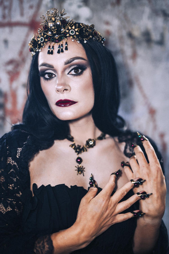 Gothic Morticia Addams Choker Black Red Gold Necklace Dark Queen Halloween Jewelry