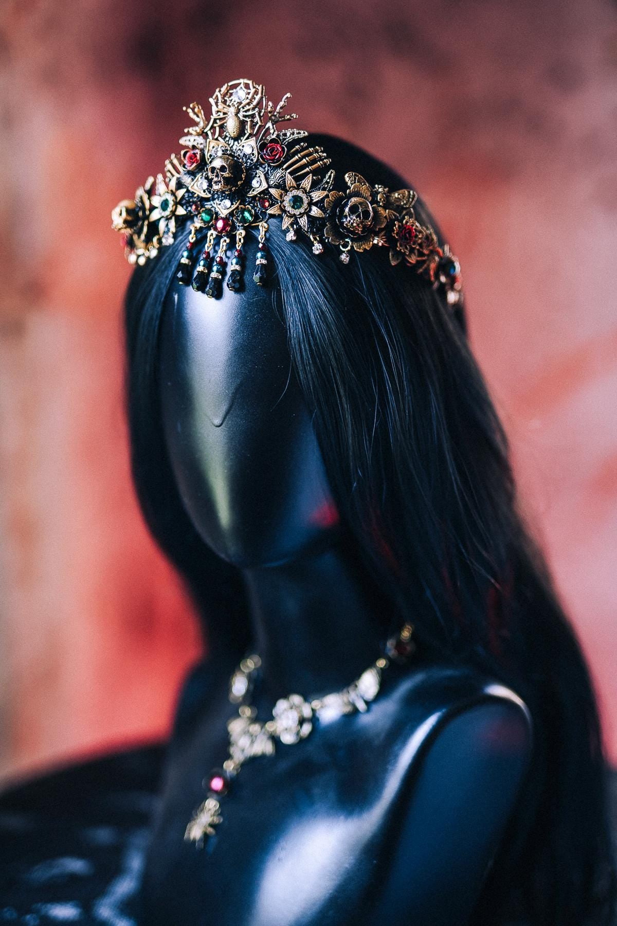 Gothic Morticia Addams Finger Claws Black Gold Red Crystals Skull Spider Dark Queen Accessories