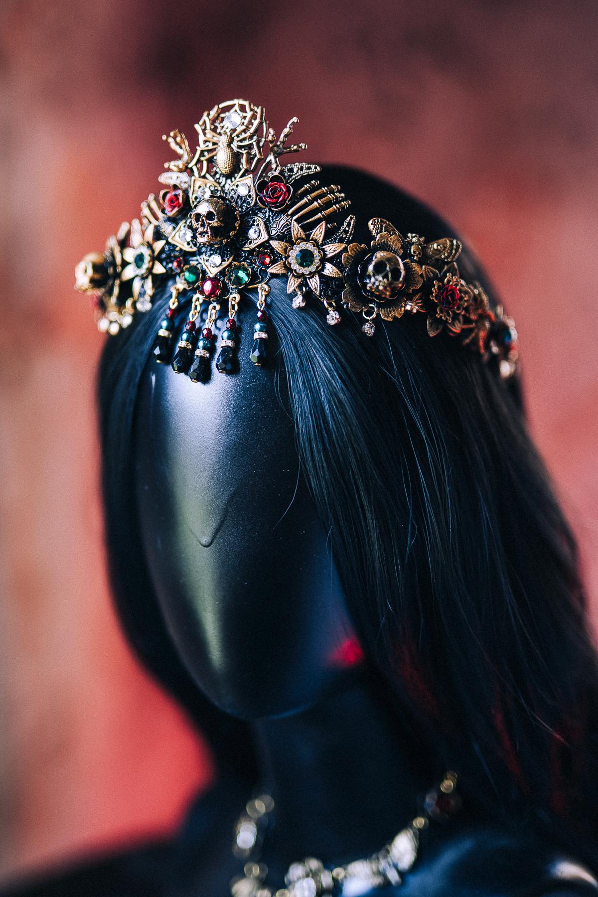Gothic Morticia Addams Crown Black Gold Red Crystals Skulls Spider Dark Queen Headpiece