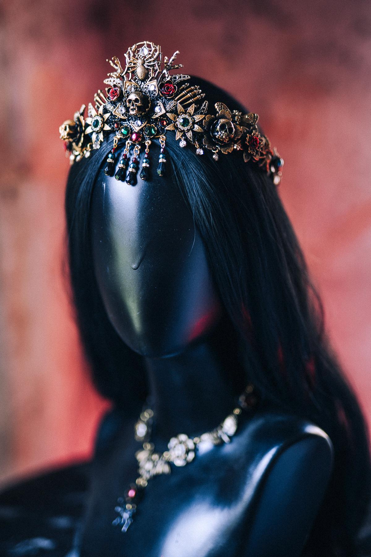 Gothic Morticia Addams Crown Black Gold Red Crystals Skulls Spider Dark Queen Headpiece