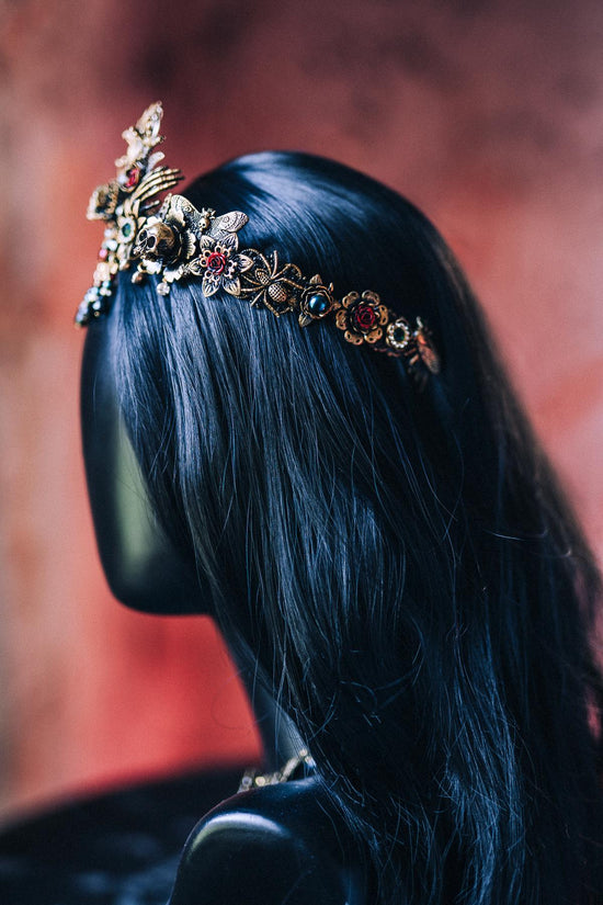Gothic Morticia Addams Crown Black Gold Red Crystals Skulls Spider Dark Queen Headpiece