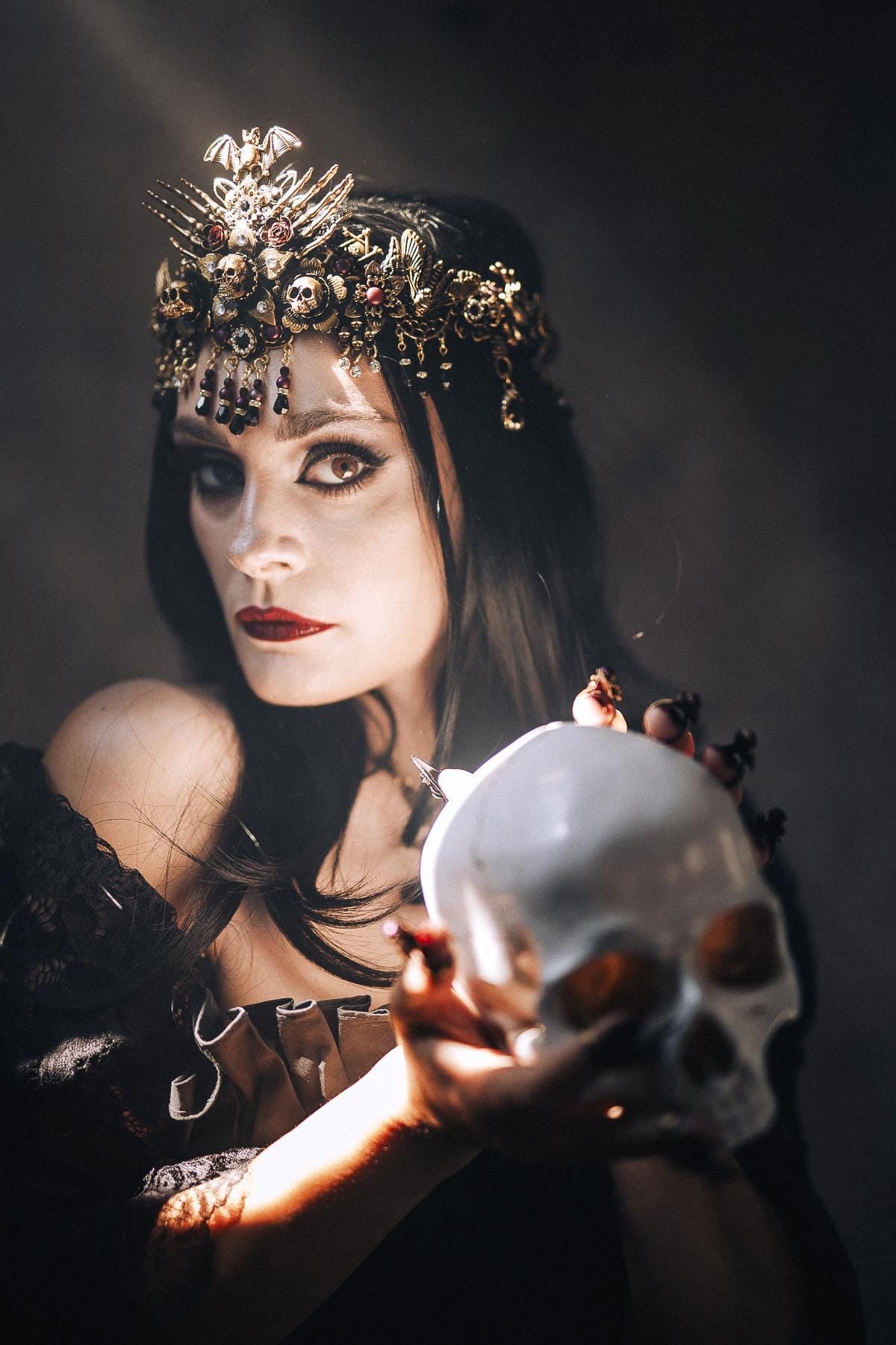 Morticia Addams Gothic Tiara With Skulls Spiders Roses And Red Crystals