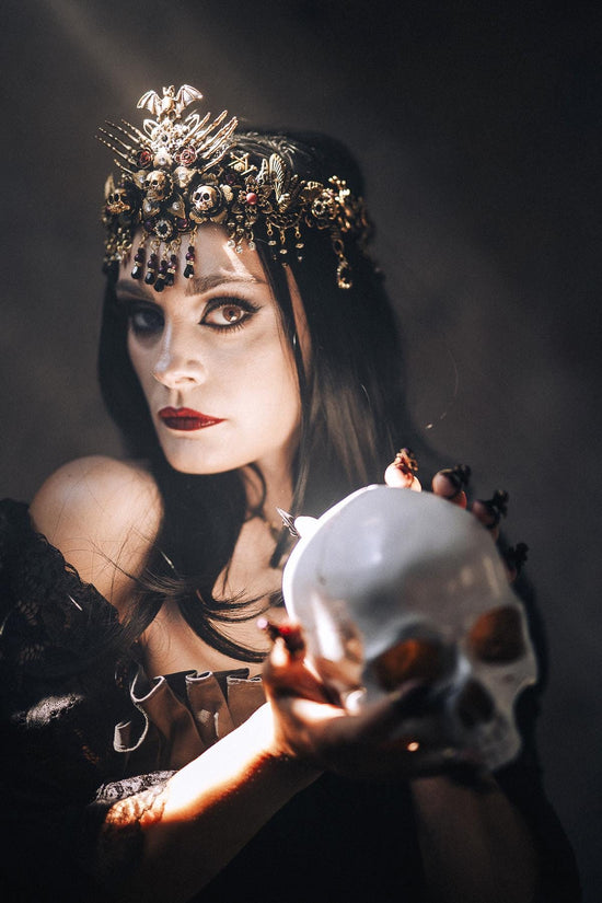 Morticia Addams Gothic Tiara With Skulls Spiders Roses And Red Crystals