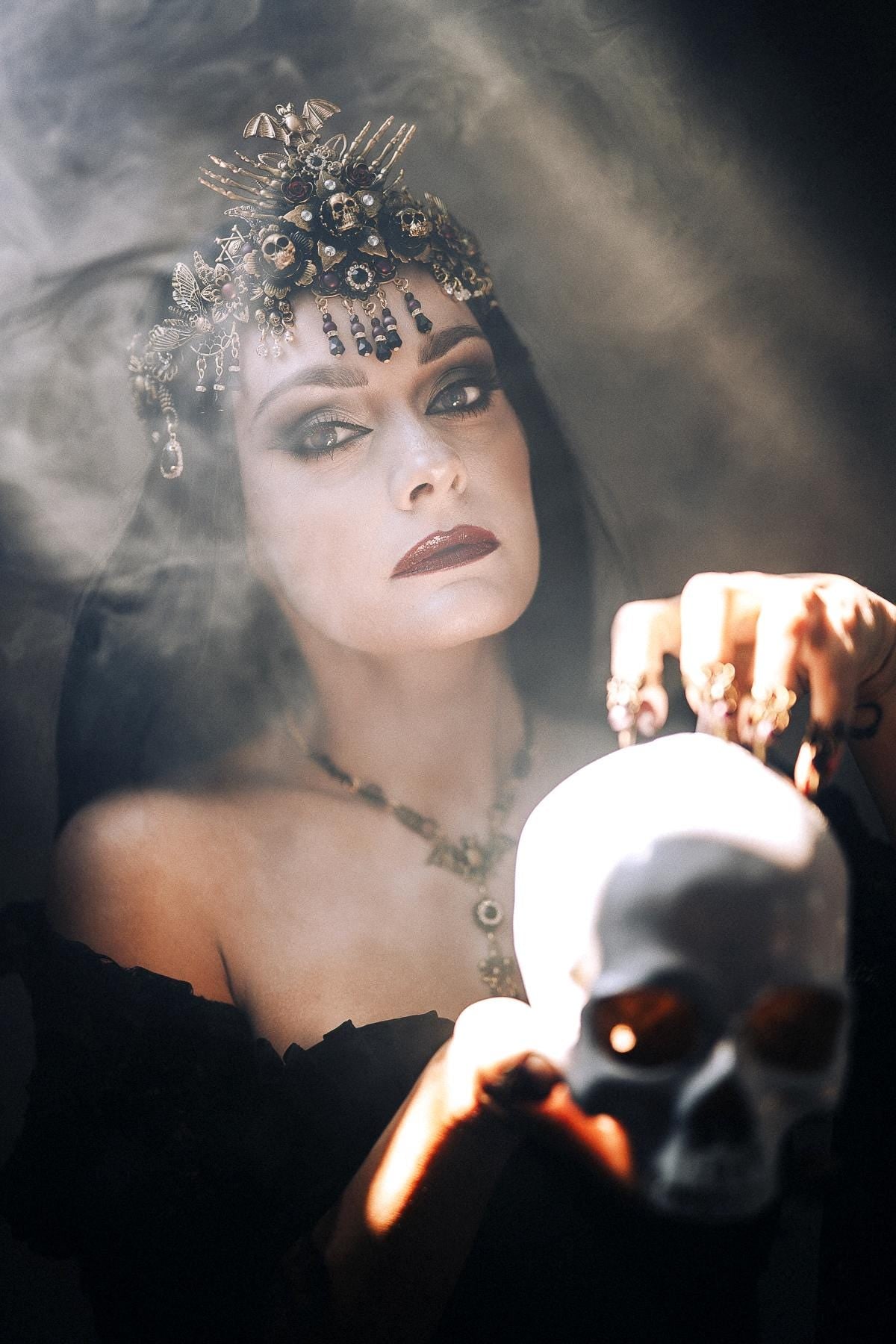 Morticia Addams Gothic Tiara With Skulls Spiders Roses And Red Crystals