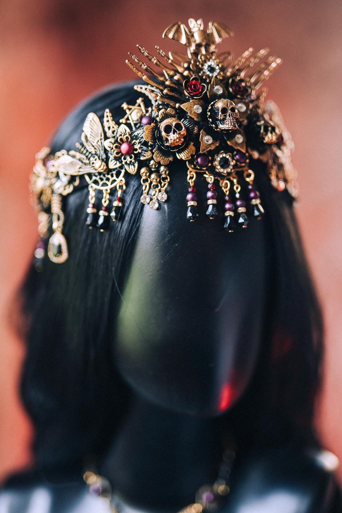 Morticia Addams Gothic Tiara With Skulls Spiders Roses And Red Crystals