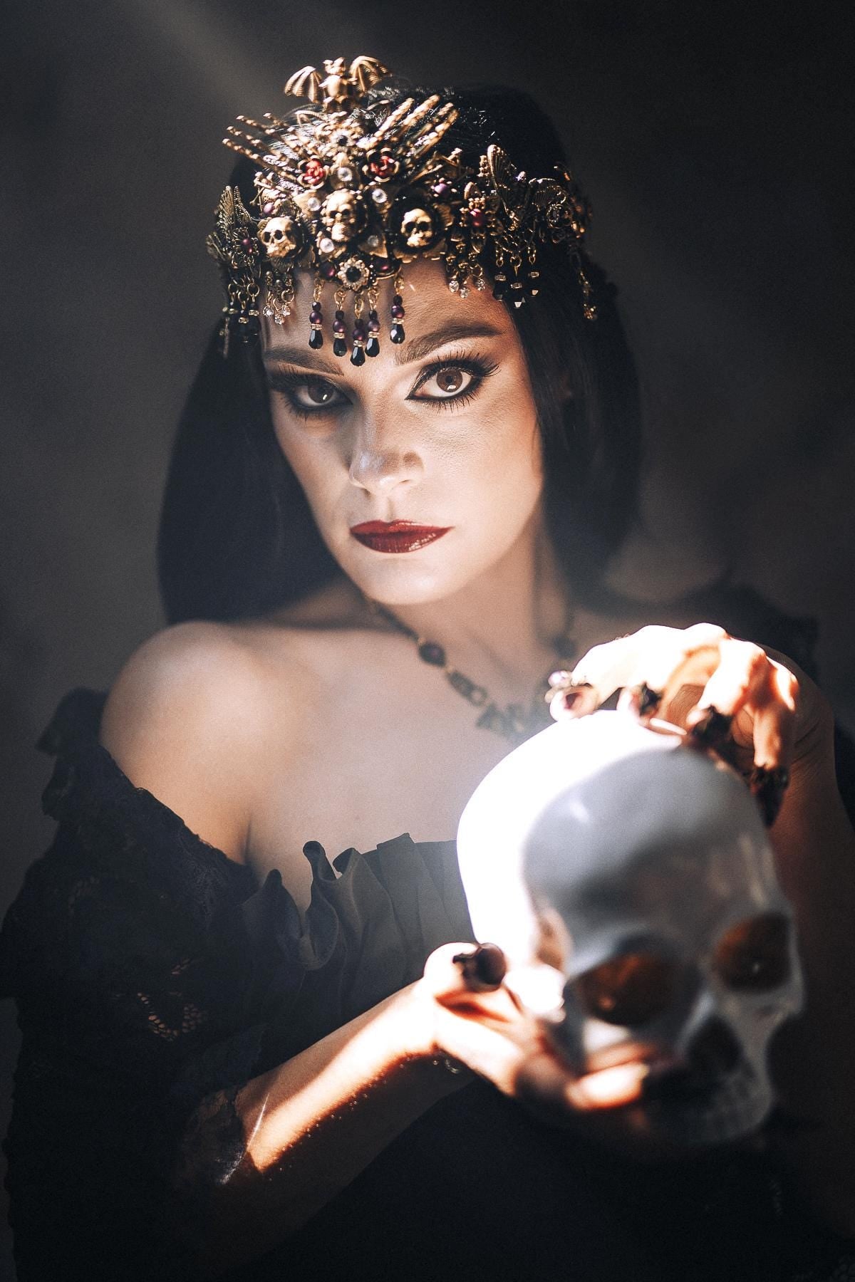 Morticia Addams Gothic Choker Necklace Black Gold Red Crystals Skull Spider Dark Queen Jewelry