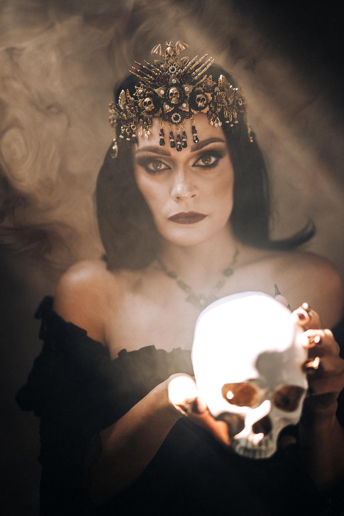 Morticia Addams Gothic Choker Necklace Black Gold Red Crystals Skull Spider Dark Queen Jewelry