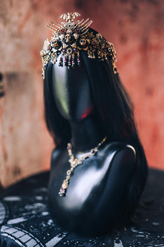 Morticia Addams Gothic Choker Necklace Black Gold Red Crystals Skull Spider Dark Queen Jewelry