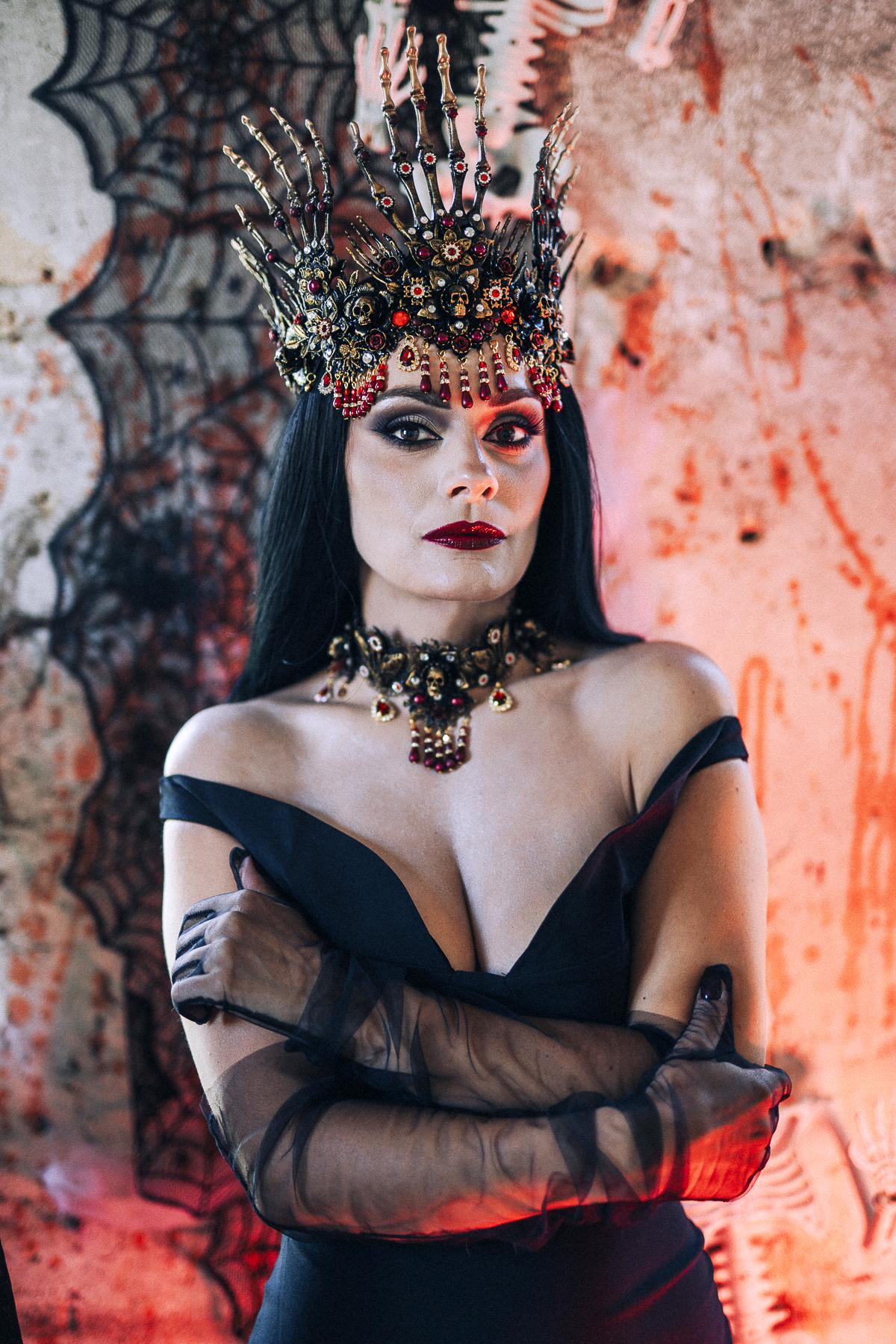 Morticia Gothic Skeleton Hands Crown Red Black Crystal Roses Halloween Tiara Vampire Queen Headpiece