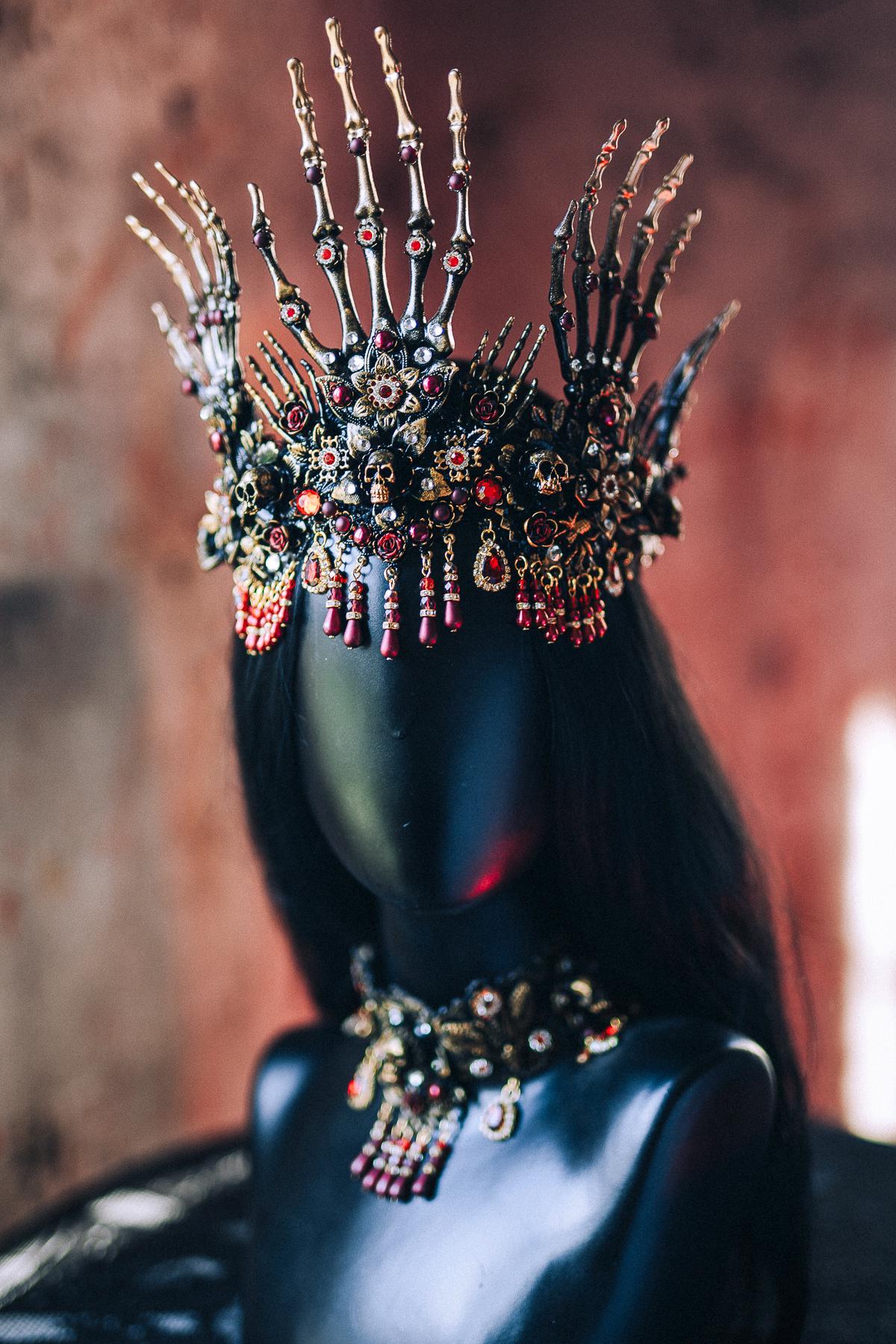 Morticia Gothic Skeleton Hands Crown Red Black Crystal Roses Halloween Tiara Vampire Queen Headpiece