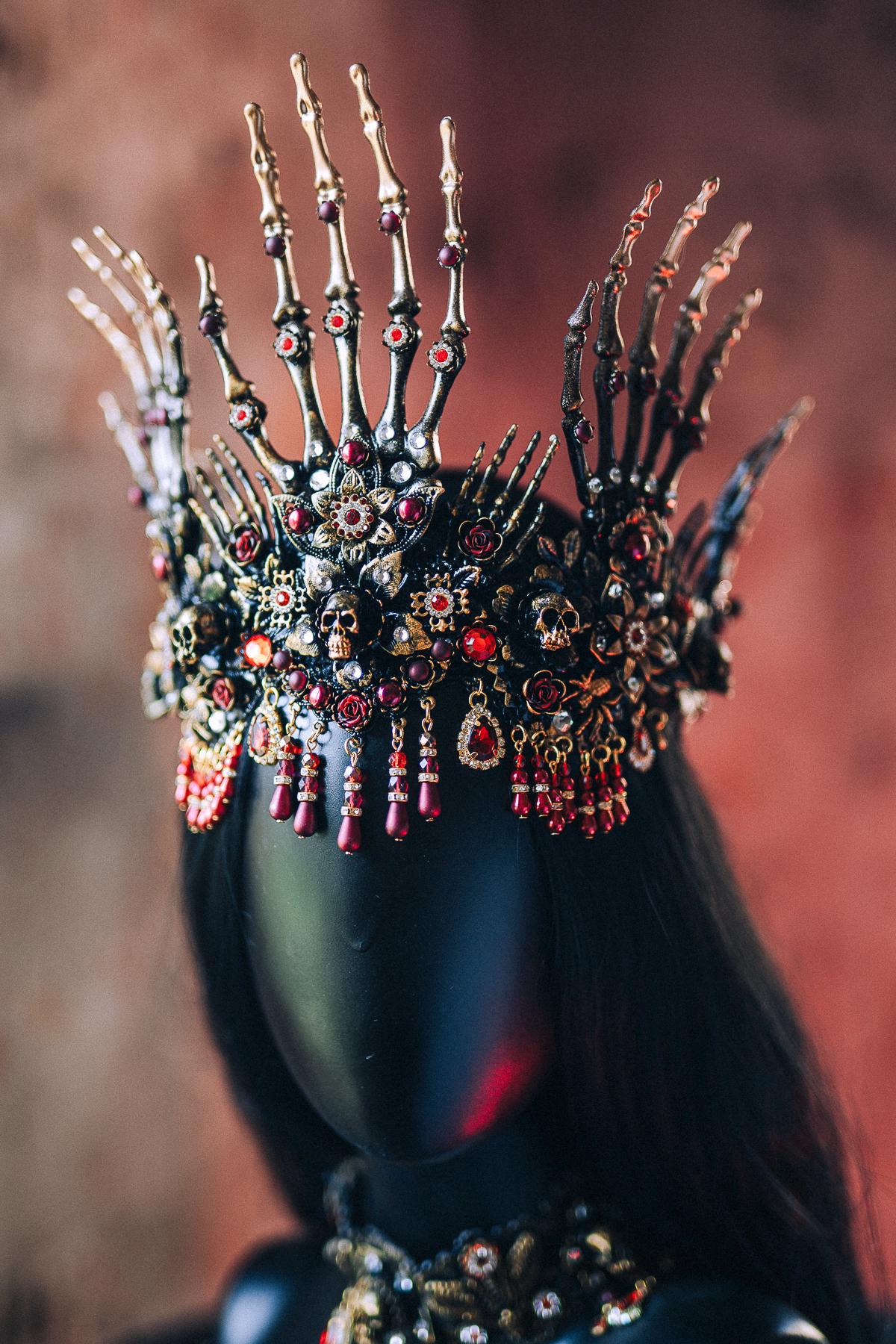 Morticia Gothic Skeleton Hands Crown Red Black Crystal Roses Halloween Tiara Vampire Queen Headpiece