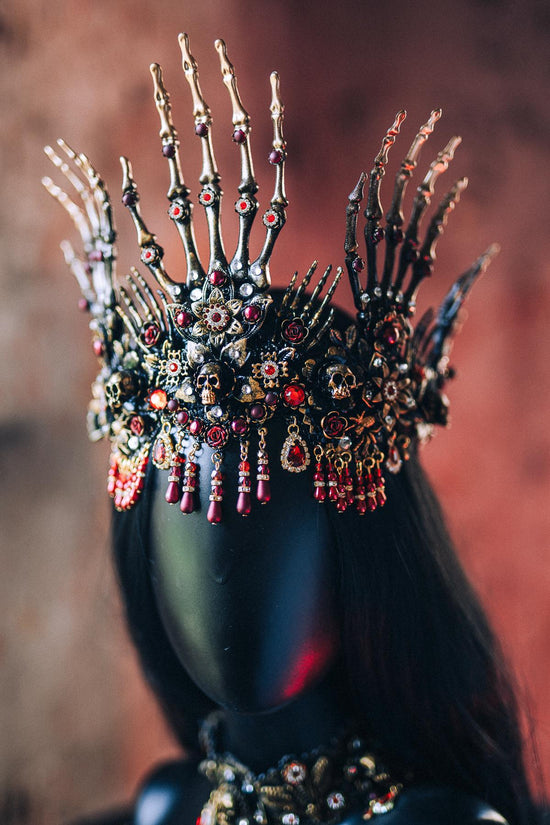 Morticia Gothic Skeleton Hands Crown Red Black Crystal Roses Halloween Tiara Vampire Queen Headpiece