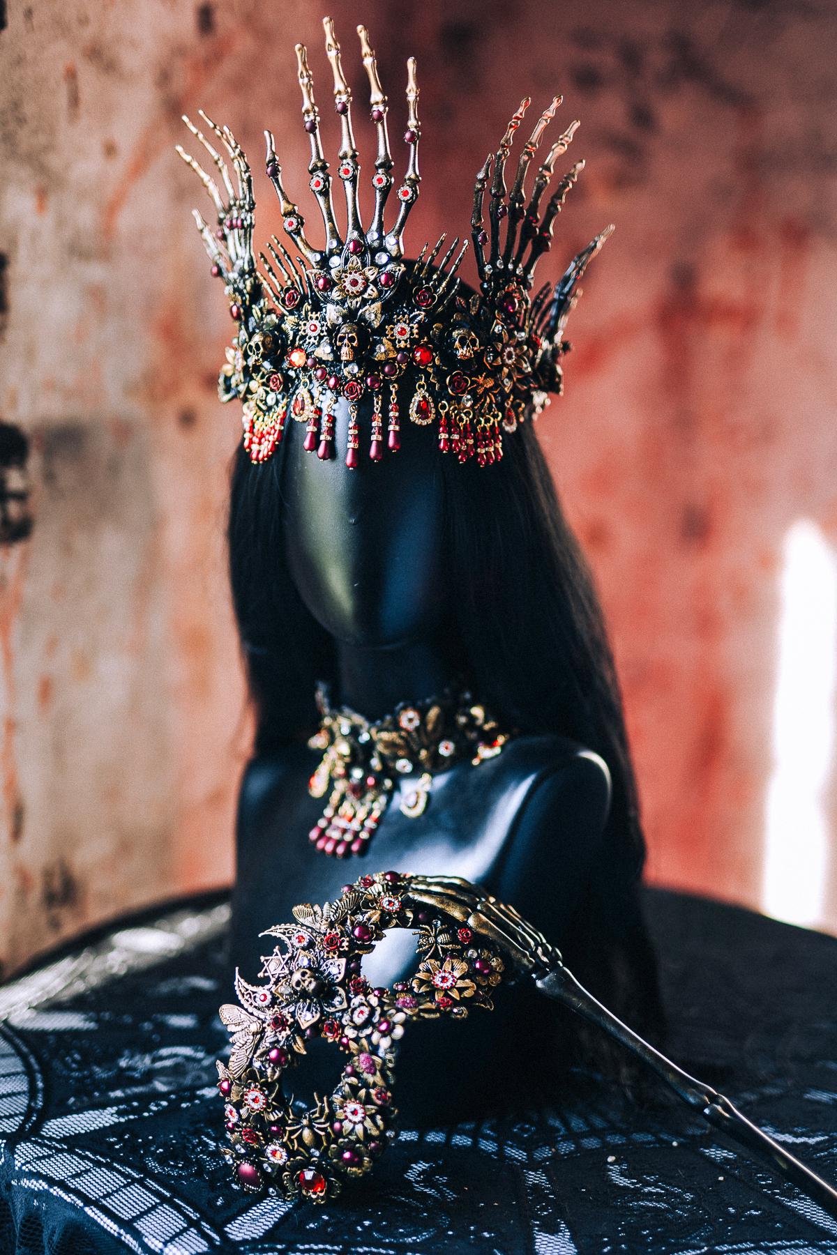 Morticia Gothic Skeleton Hands Crown Red Black Crystal Roses Halloween Tiara Vampire Queen Headpiece