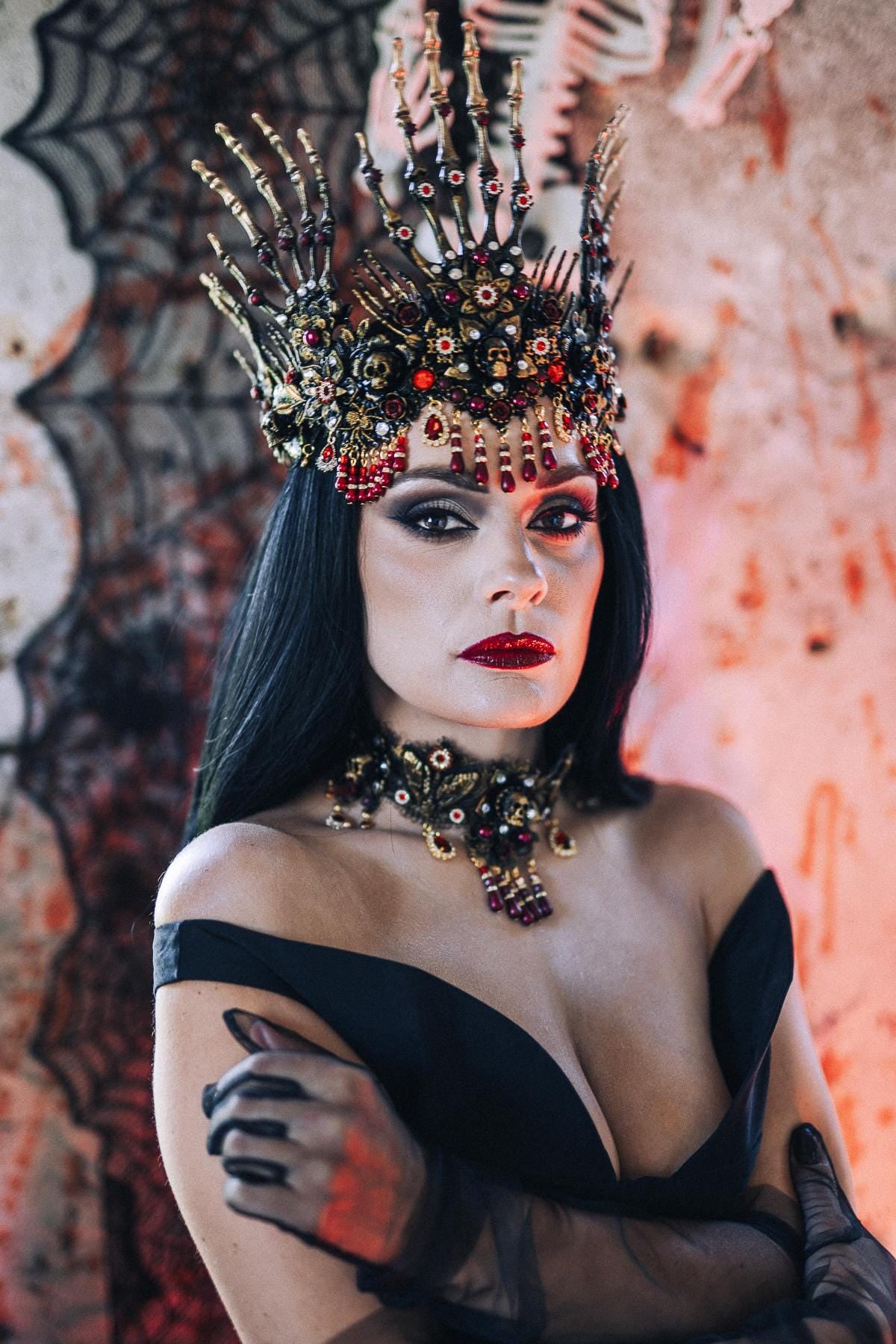 Morticia Addams Gothic Choker Necklace Black Roses Red Crystals Skull Spider Dark Queen Jewelry