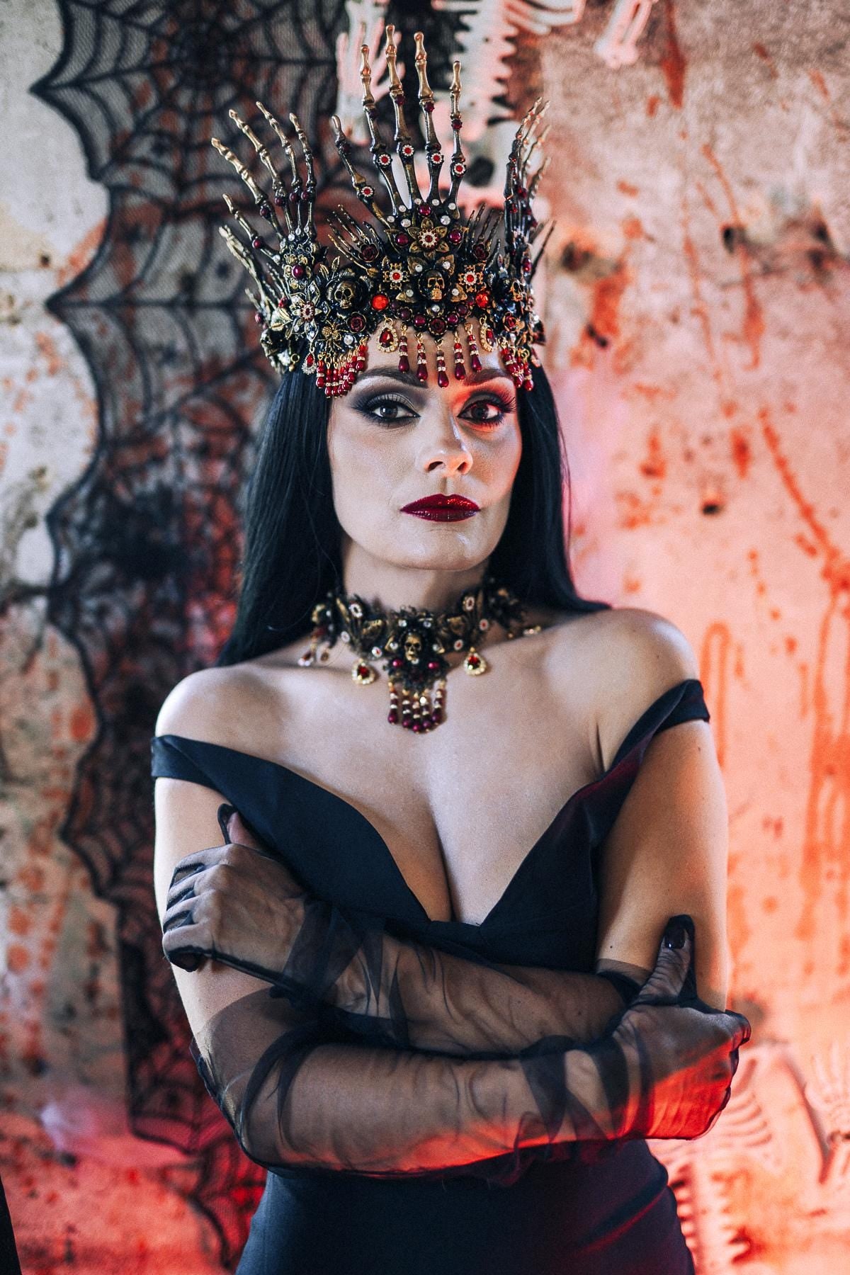 Morticia Addams Gothic Choker Necklace Black Roses Red Crystals Skull Spider Dark Queen Jewelry