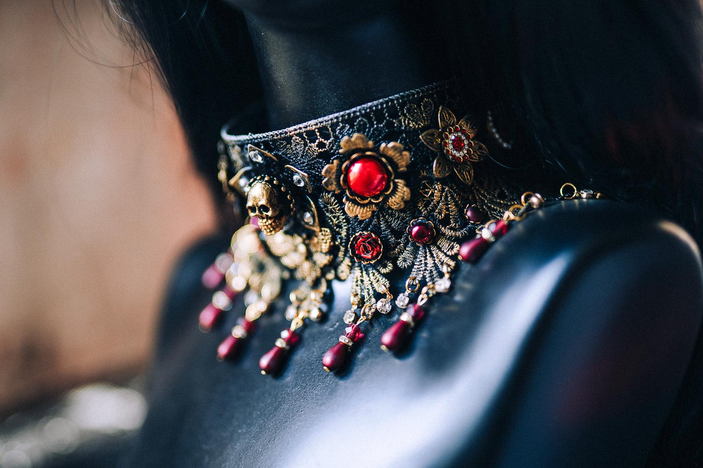 Morticia Addams Gothic Choker Necklace Black Roses Red Crystals Skull Spider Dark Queen Jewelry