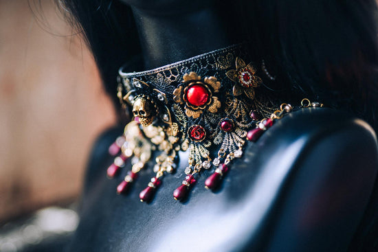 Morticia Addams Gothic Choker Necklace Black Roses Red Crystals Skull Spider Dark Queen Jewelry