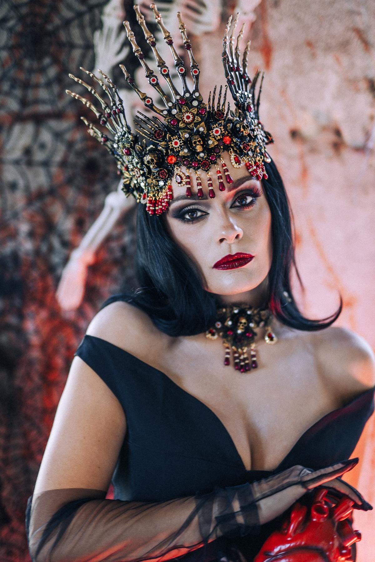 Morticia Addams Gothic Handheld Mask Skull Spider Red Crystals Roses Dark Queen Masquerade Accessory