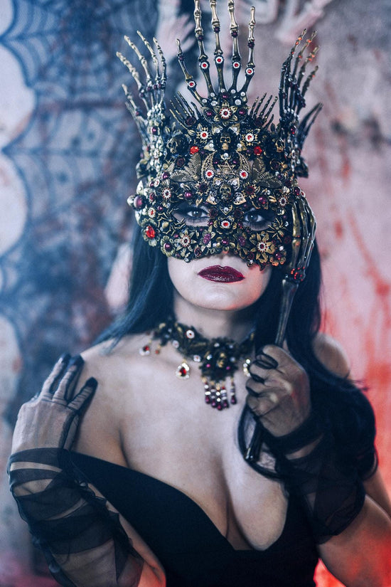 Morticia Addams Gothic Handheld Mask Skull Spider Red Crystals Roses Dark Queen Masquerade Accessory