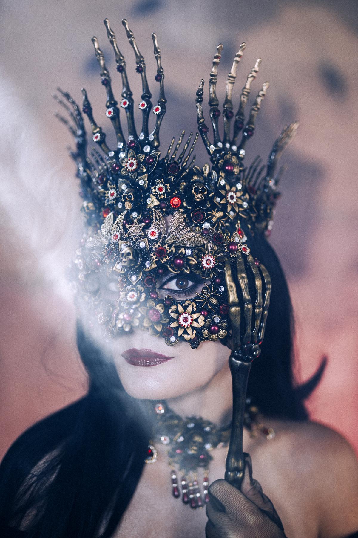 Morticia Addams Gothic Handheld Mask Skull Spider Red Crystals Roses Dark Queen Masquerade Accessory