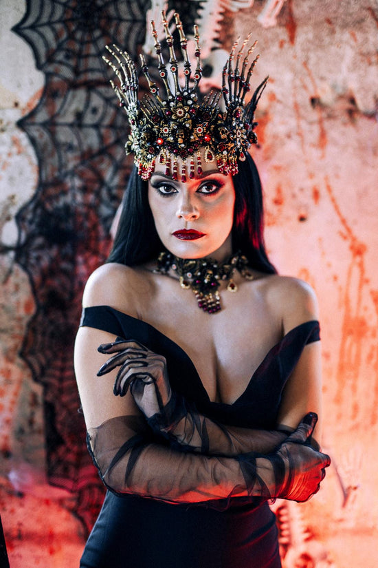 Morticia Addams Gothic Handheld Mask Skull Spider Red Crystals Roses Dark Queen Masquerade Accessory