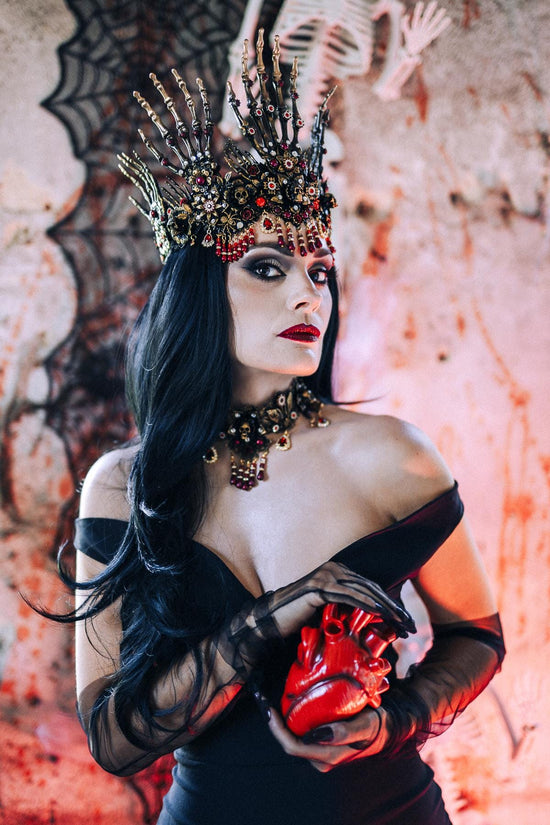 Morticia Addams Gothic Handheld Mask Skull Spider Red Crystals Roses Dark Queen Masquerade Accessory