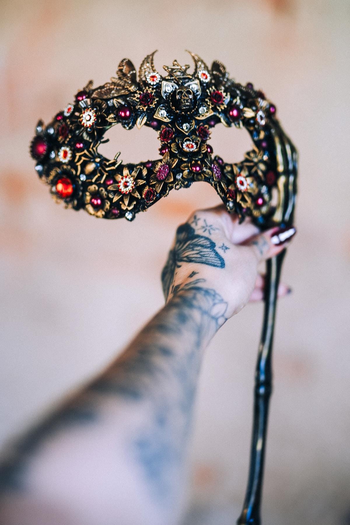 Morticia Addams Gothic Handheld Mask Skull Spider Red Crystals Roses Dark Queen Masquerade Accessory