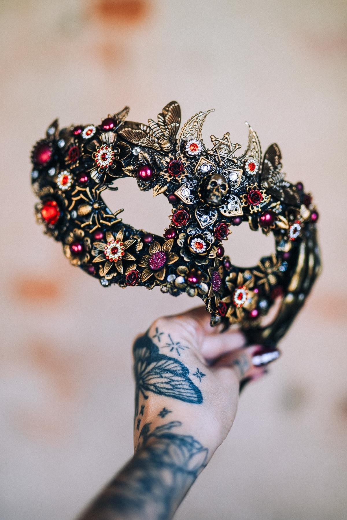 Morticia Addams Gothic Handheld Mask Skull Spider Red Crystals Roses Dark Queen Masquerade Accessory